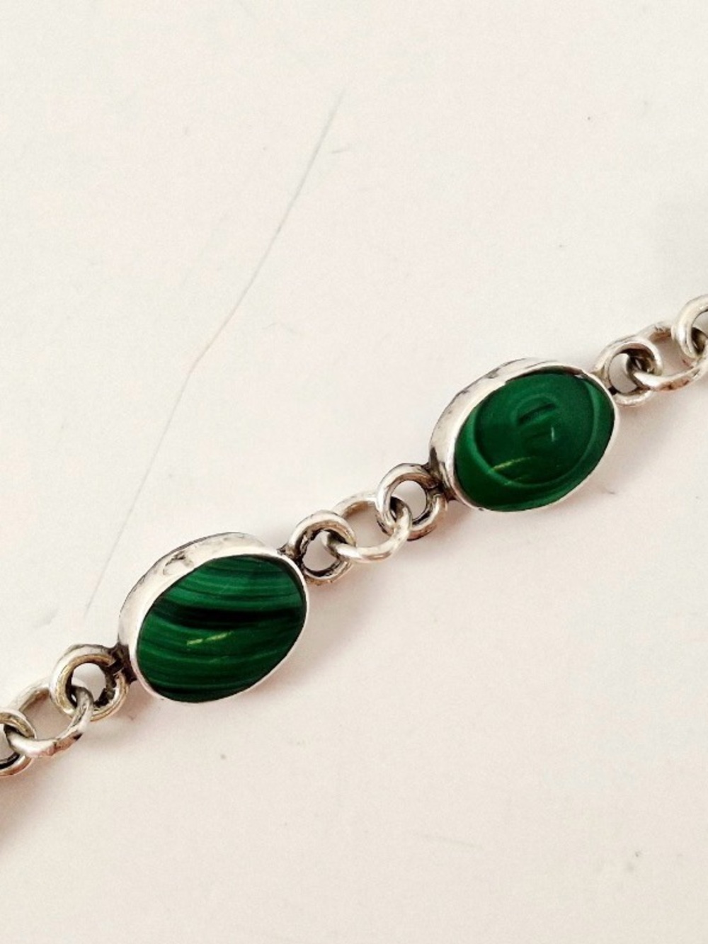 Vintage Mexico 925 Sterling Silver Malachite Link Bracelet TD-105 Taxco Style